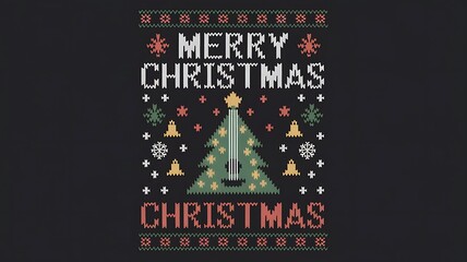 Poster - A holiday-themed t-shirt design with the text Merry Christmas and a Christmas tree shaped like a guitar. The style is Opening the mind Through Art. The design is enhanced created with generative ai