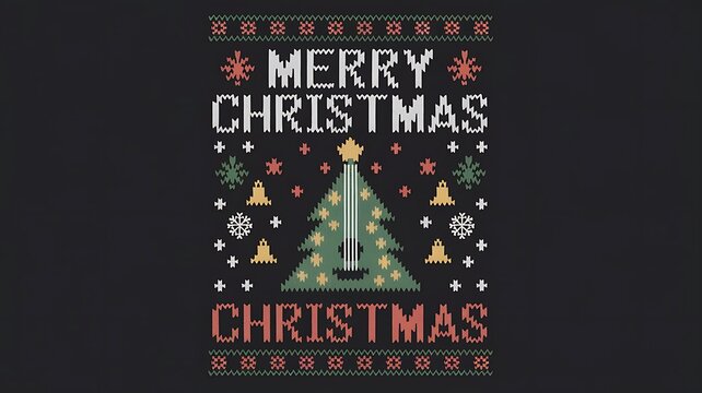 A holiday-themed t-shirt design with the text Merry Christmas and a Christmas tree shaped like a guitar. The style is Opening the mind Through Art. The design is enhanced created with generative ai