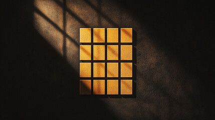 Poster - Golden tiles arranged in a grid illuminated by warm sunlight. 