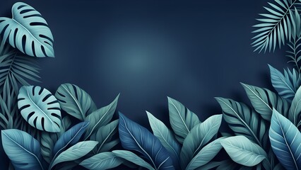 Collection of tropical leaves, foliage plant in blue color with space background