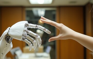 Aufkleber - A futuristic representation of two hands, one human and one robotic, about to touch, symbolizing artificial intelligence in business innovation