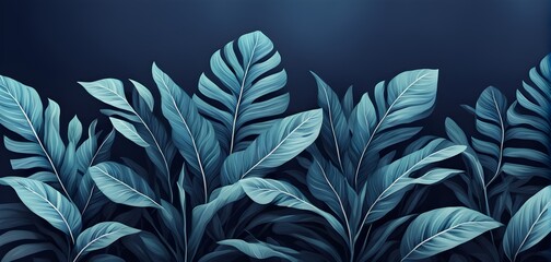 Collection of tropical leaves, foliage plant in blue color with space background
