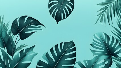 collection of tropical leaves, foliage plant in blue color with space background