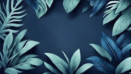 Collection of tropical leaves, foliage plant in blue color with space background