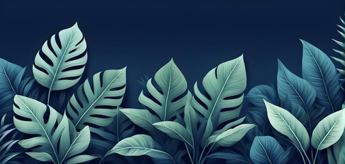 Collection of tropical leaves, foliage plant in blue color with space background