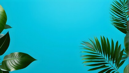 Collection of tropical leaves, foliage plant in blue color with space background