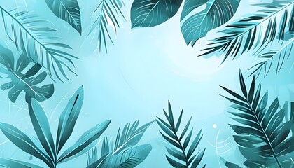 collection of tropical leaves, foliage plant in blue color with space background