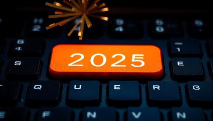 Poster - 2025, Happy, New Year, An orange button with the Start 2025 new year on a keyboard Happy new year 2025 celebration template created with generative ai