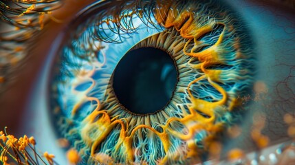 Wall Mural - A close-up of a colorful eye showcases intricate patterns and vibrant hues, perfect for healthcare, beauty, or artistic projects, The image emphasizes detail and uniqueness in human features,