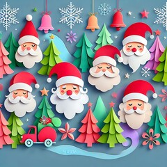 Poster - Colorful santa claus papercut, Christmas background Xmas modern design set in paper cut style with Christmas tree pine branches Usable for social media, banner space copy, created with generative ai