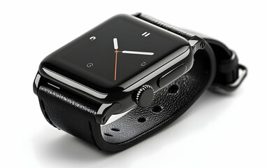 Poster - A sleek smartwatch with a black leather strap, showcasing a modern digital interface.