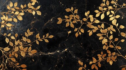 Poster - elegant golden leaves on dark marble background for stunning decor