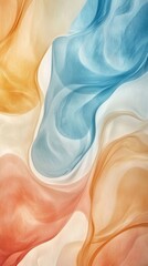 Wall Mural - A colorful abstract painting with orange, blue, and yellow hues. The painting has a dreamy, ethereal quality to it, with the colors blending