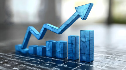 Poster - A 3D blue graph showing upward growth with bar charts on a digital background.
