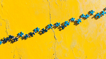 Poster - Bright blue puzzle pieces arranged along a vibrant yellow wall. 