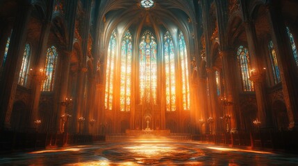 Wall Mural - Golden sunlight fills majestic cathedral, stained glass glows.