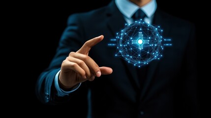 Poster - Businessman points at glowing network sphere.