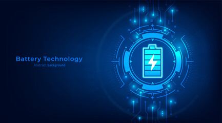 Concept of Electric charging. Battery on frames HUD futuristic style on a dark blue background. The future of electric fast charge technology speed wireless Ev tech. Vector illustration.