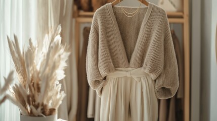 Poster - A stunning full-body outfit hangs gracefully, showcasing a cozy knit top and elegant pants. Soft light filters through curtains, illuminating the beauty of the garment