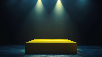 Poster - Illuminated yellow platform in dark space with focused lighting effects. 