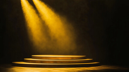 Poster - Illuminated stage with golden lights and circular platforms for performances. 