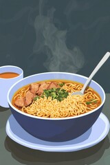 Canvas Print - A steaming bowl of ramen noodles with meat and herbs, accompanied by a cup of tea, creating a warm and inviting atmosphere.