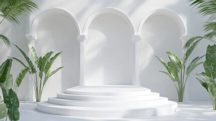 Poster - Elegant white stage with arches and lush greenery in serene setting. 