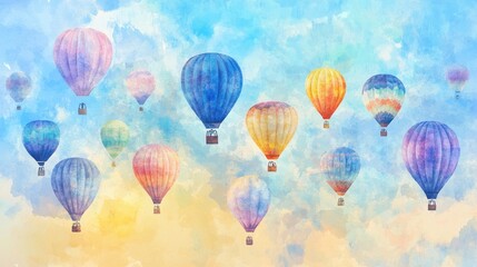  A colorful collection of hot air balloons floating gently in a dreamy, watercolor sky.