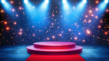 Poster - Stunning illuminated stage with bright lights and red carpet ready for performance. 