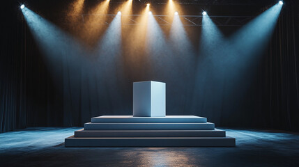 Poster - Spotlight illuminates a white pedestal on a staged platform in a dark venue. 