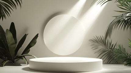 Poster - Floating circular platform illuminated by soft beams in a tropical setting. 