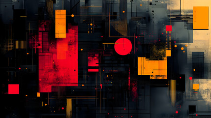 Poster - Abstract digital artwork featuring geometric shapes in red, yellow, and black tones.