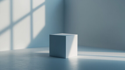 Poster - Minimalist design featuring a white cube in a sunlit room with shadows. 