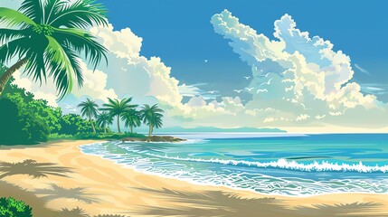 Wall Mural - A cartoon tropical beach scene with palm trees and blue water.