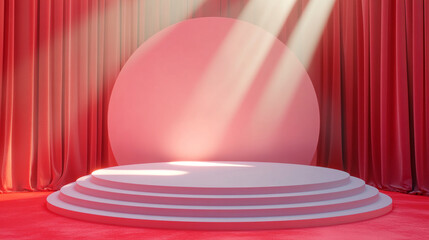 Poster - Dramatic red stage setup with spotlight and circular backdrop for performances. 