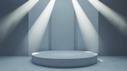 Poster - Spotlight shines on empty stage in minimalist setting for performance or display. 