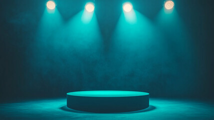 Poster - Stage illuminated with teal lights creating a dramatic atmosphere for performances. 