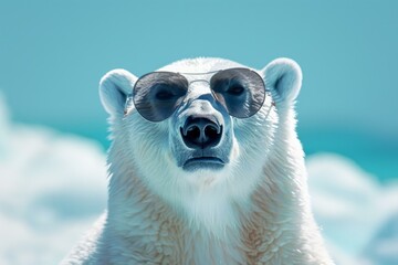 polar bear wearing sunglasses enjoys sunny day in a pristine arctic environment