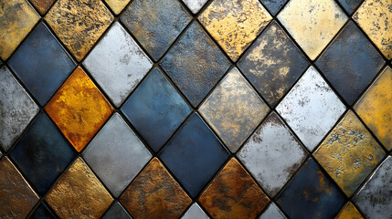 Poster - A textured wall featuring diamond-shaped tiles in various metallic colors and finishes.