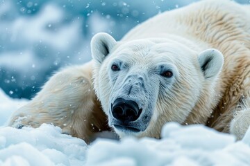 Wall Mural - large polar bear resting on a bed of snow while snowflakes gently fall around it, creating a serene 