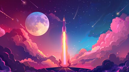 Canvas Print - a cartoon-style illustration of a rocket launching into space with a pink and blue sky and a full mo