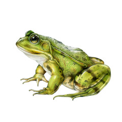 hand-painted realistic green frog side view illustration in vintage style on a white background. ide