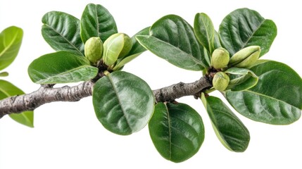 Close-up of a tree branch with green leaves and buds isolated on white background.