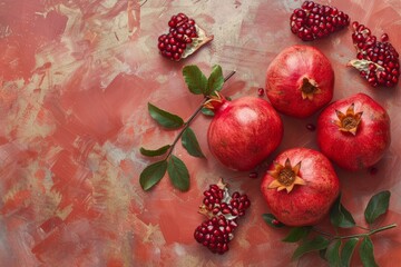 Poster - Fresh pomegranates and leaves creating a vibrant autumnal still life on a textured background