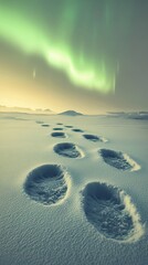 Wall Mural - footprints in snow under aurora borealis