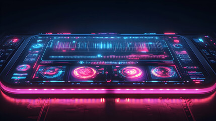 Poster - Futuristic digital interface with vibrant lights and sound visualization.