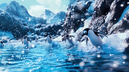 Wall Mural - penguins playfully leaping and swimming in icy antarctic waters amidst snowy mountains.
