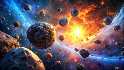 Wall Mural - Stunning 3D Rendered Asteroid Belt: Space Rocks, Cosmic Dust, Nebula Background, Planetary System, Celestial Bodies, Outer Space, Astronomy Photography