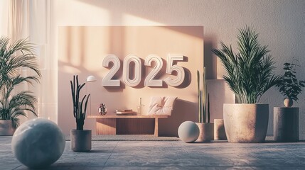Poster - Modern Creative Studio Scene Featuring Stylish Decor and Large Number for the Year 2025 with Plants