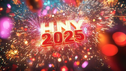Poster - Vibrant 3D Illustration of HNY 2025 Celebrations with Colorful Fireworks and Festive Background